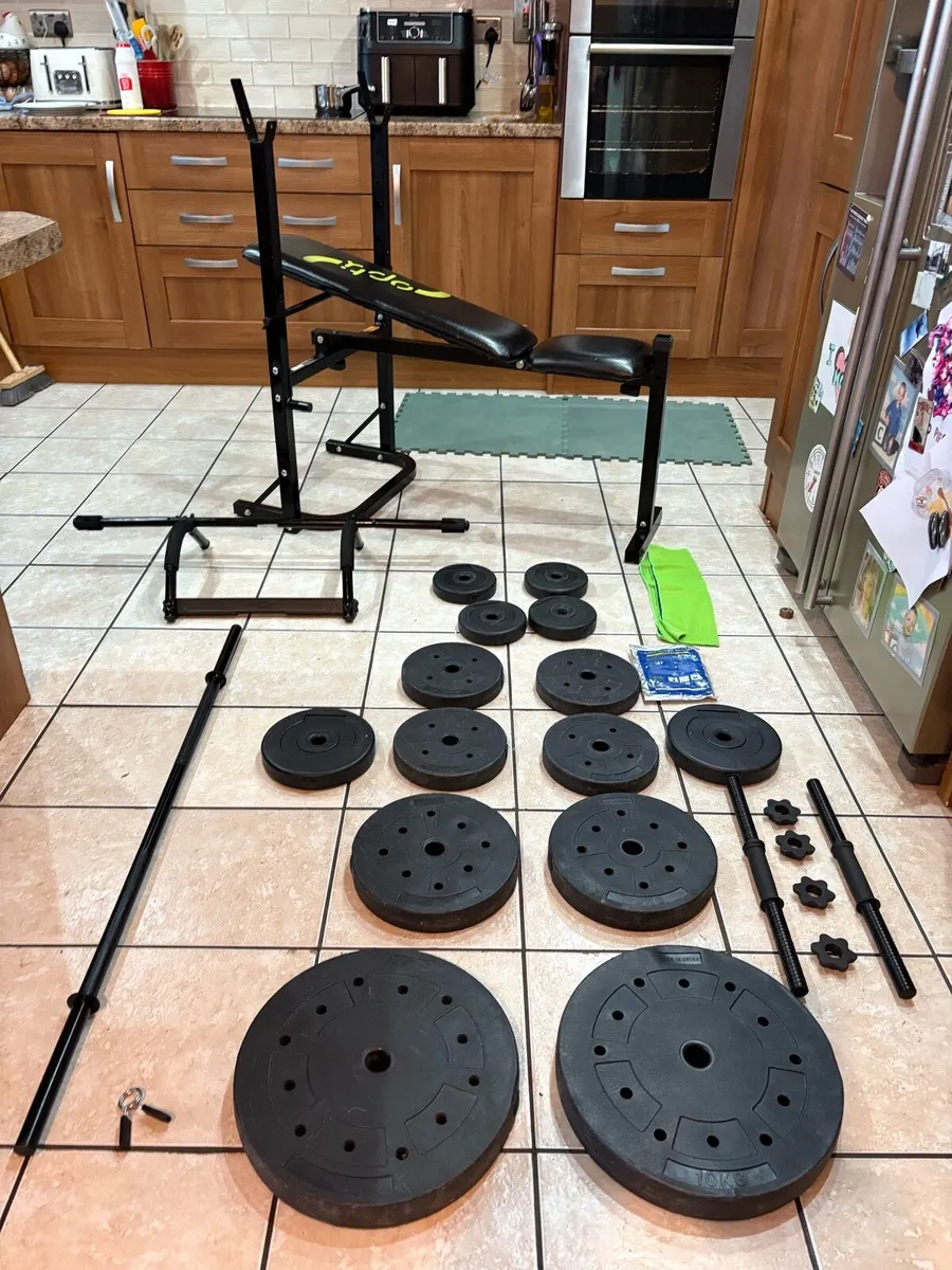 WEIGHT BENCH, 50KG WEIGHTS, CHIN UP, BARS ETC - Image 1