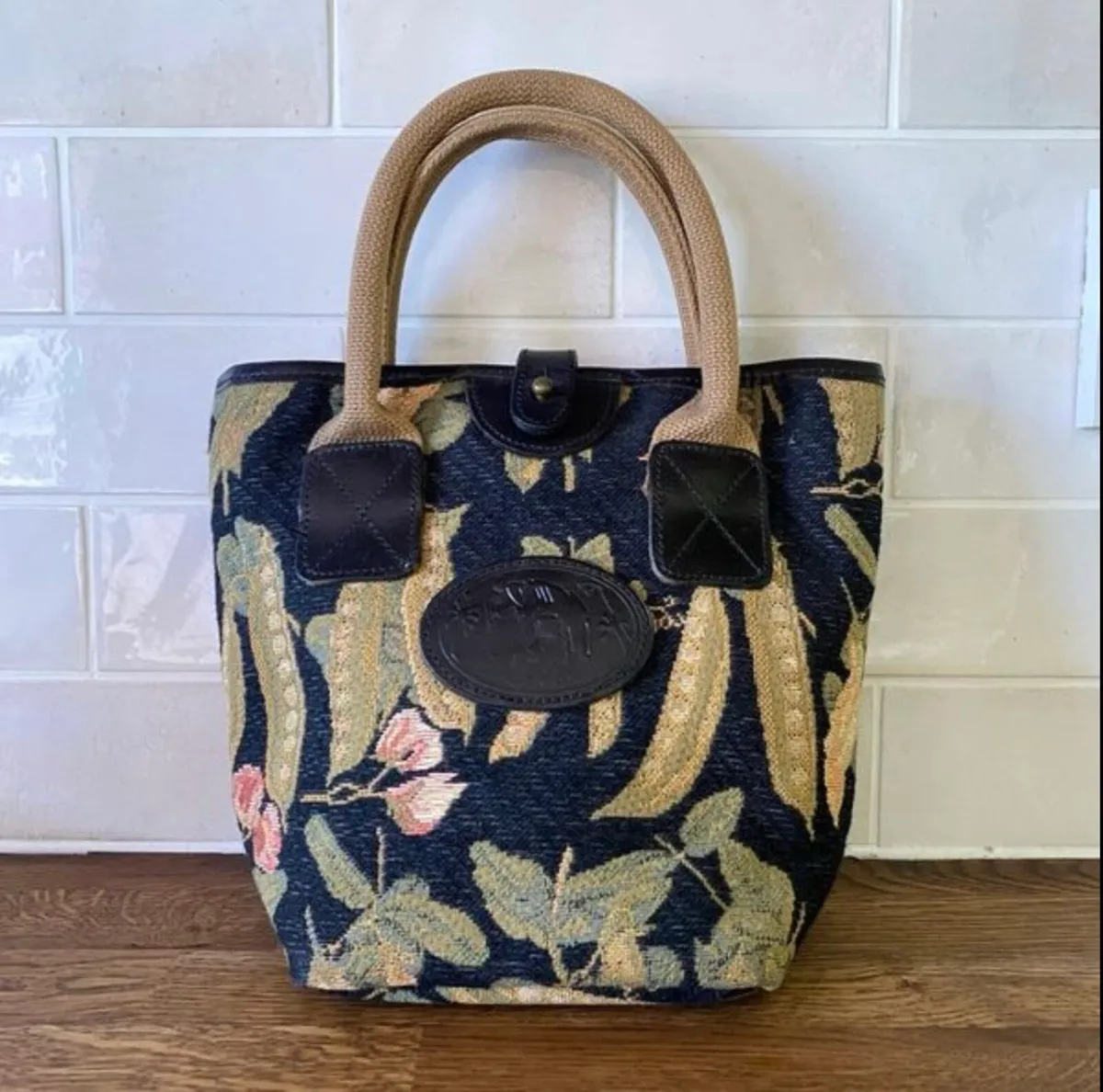 Vintage Liz Cox Tapestry Leather Handbag - Image 2
