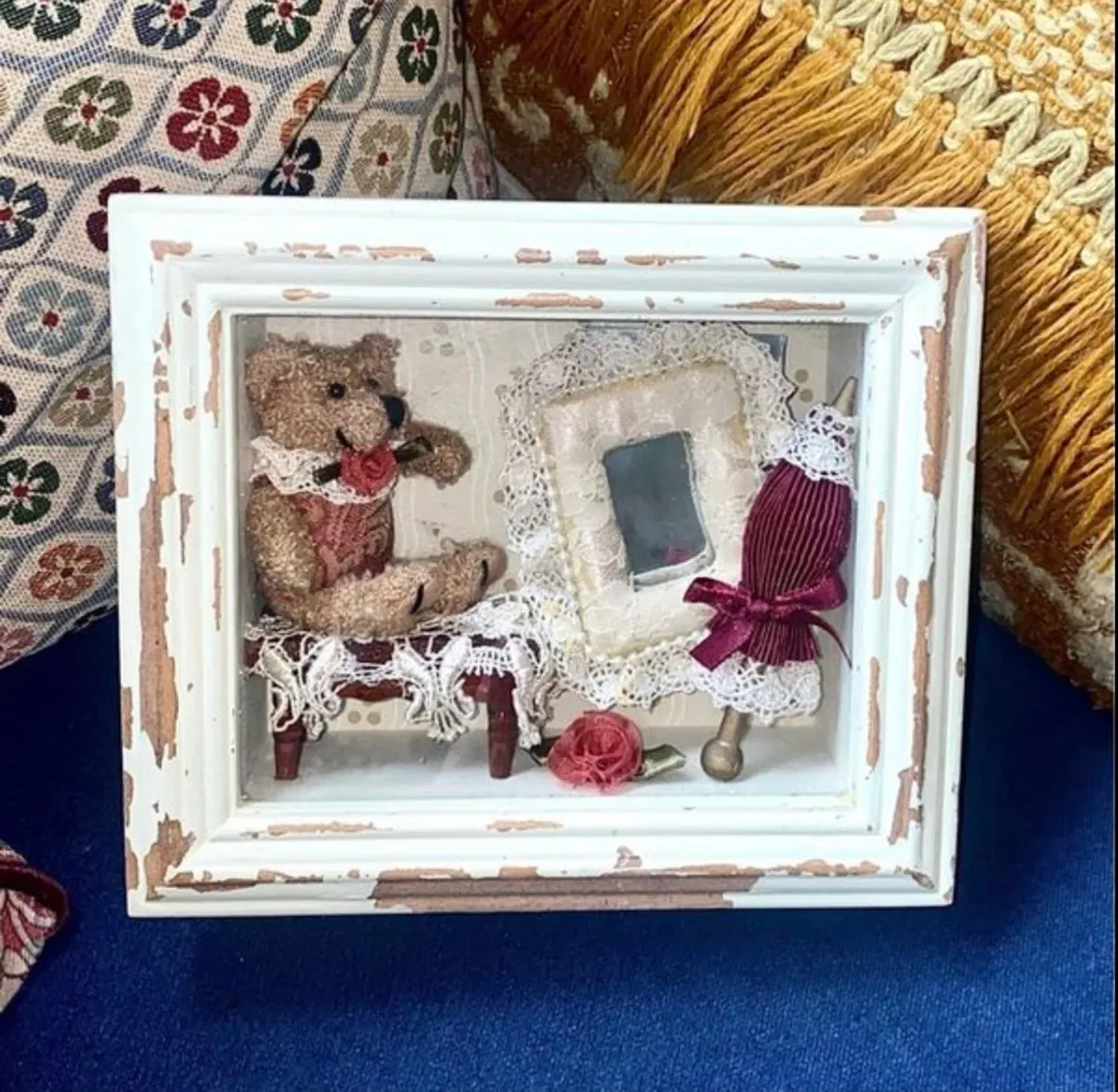 Vintage Shabby Chic Teddy Bear Shadow Box