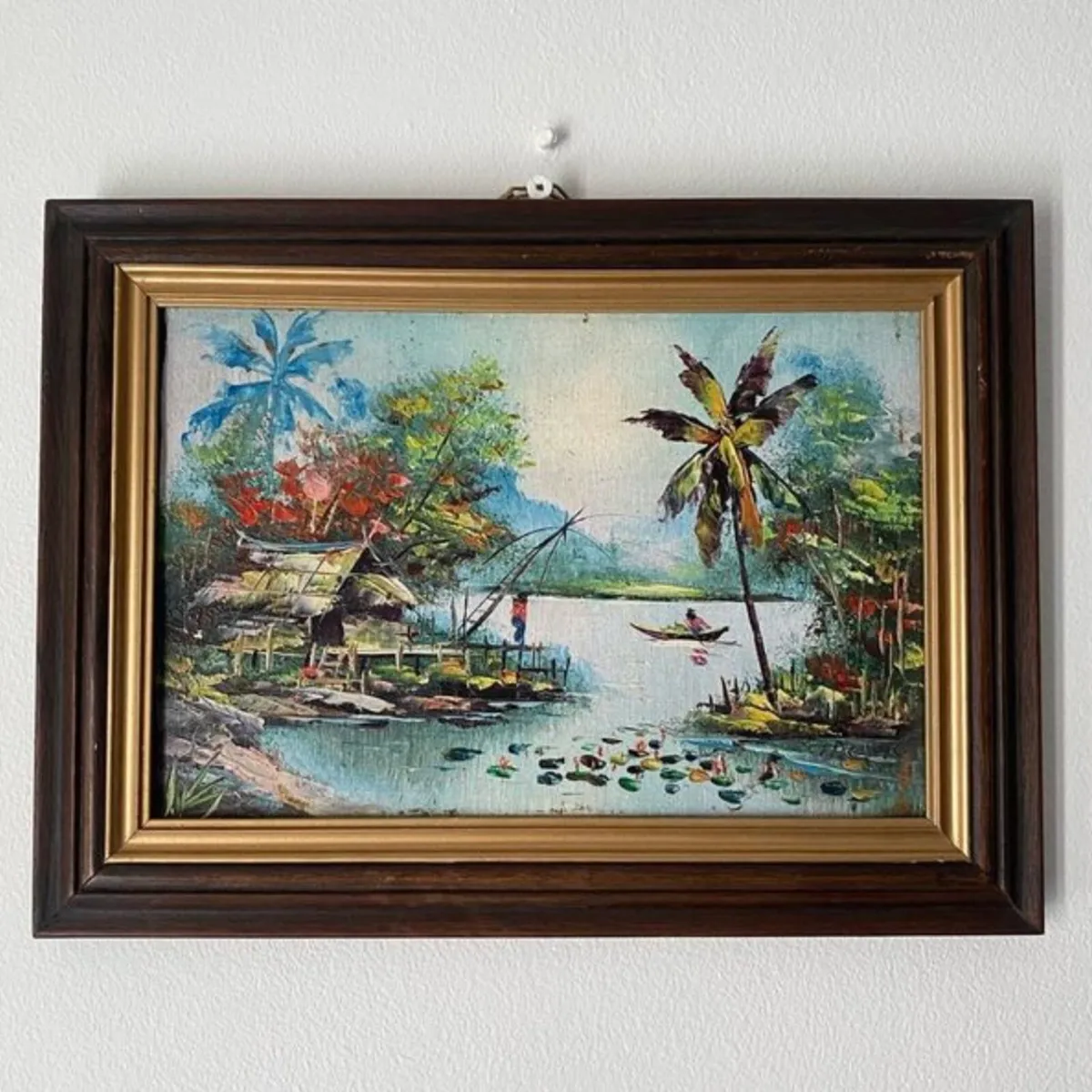 Vintage Vietnamese Oil Painting Fishing Village - Image 1