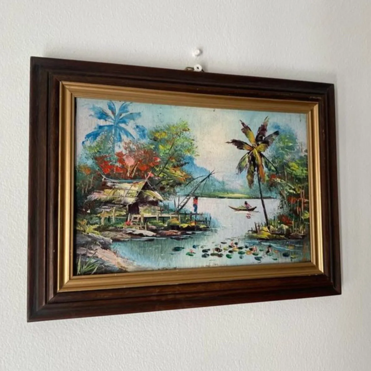 Vintage Vietnamese Oil Painting Fishing Village - Image 2