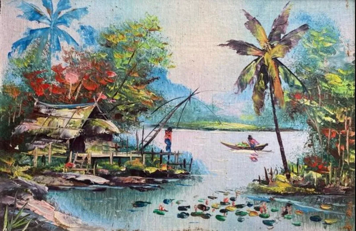 Vintage Vietnamese Oil Painting Fishing Village - Image 3