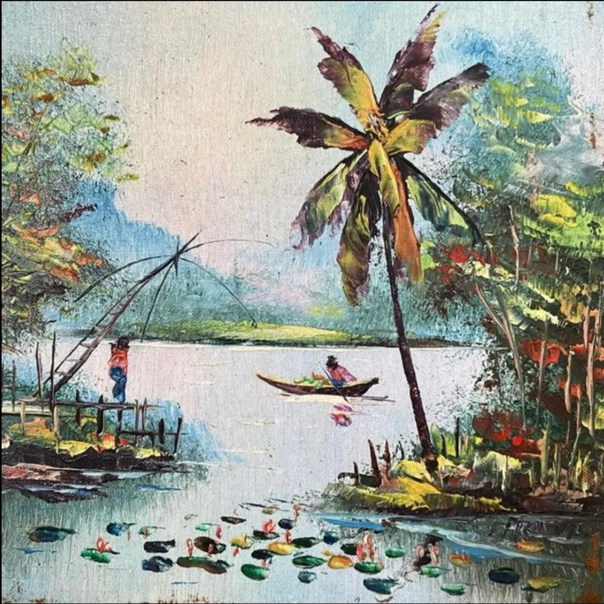 Vintage Vietnamese Oil Painting Fishing Village - Image 4