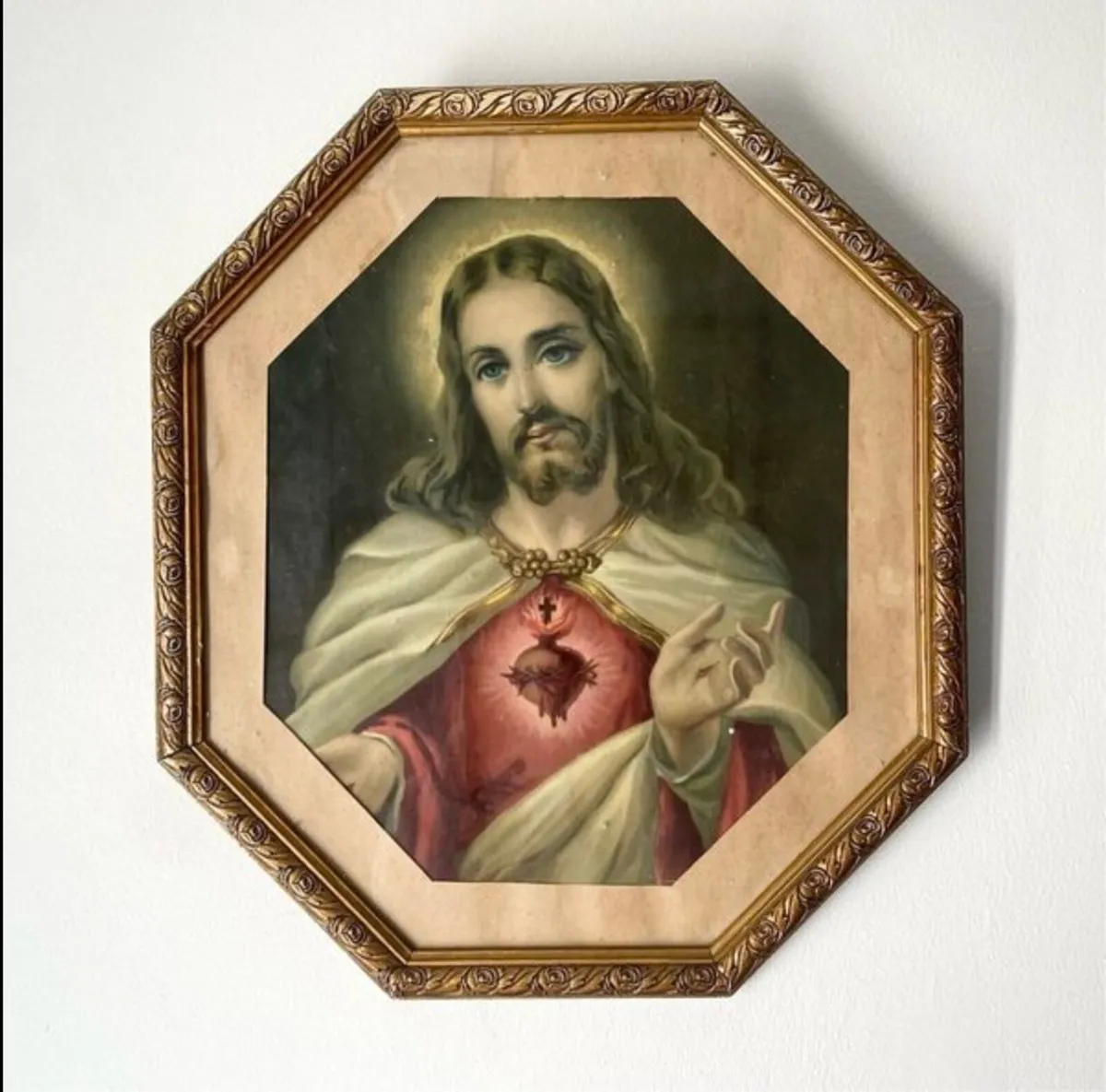 Vintage 1940s Sacred Heart of Jesus Framed Picture - Image 2