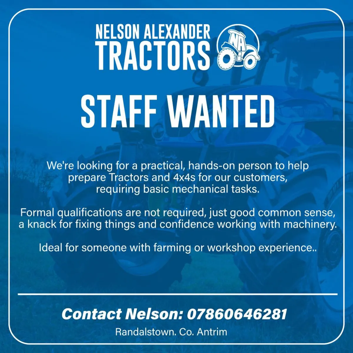 Staff Needed in our Tractor Sales Yard Co Antrim