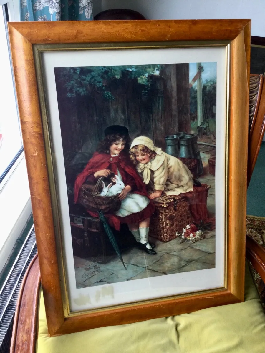 Antique “Girls with Rabbits” Print - Image 1