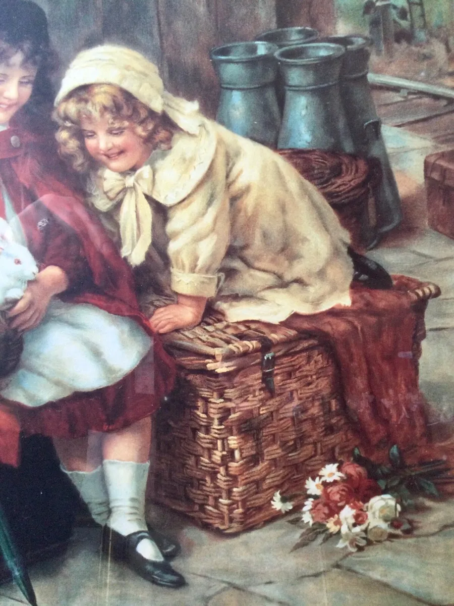 Antique “Girls with Rabbits” Print - Image 3