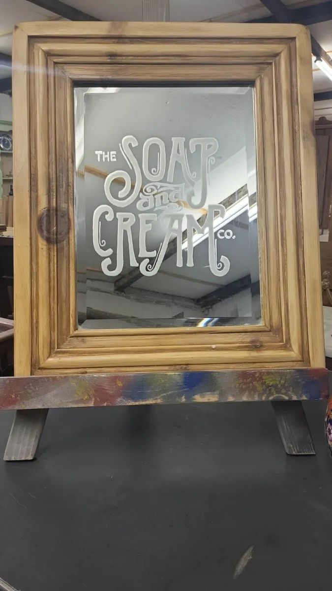 Small vintage pine bathroom mirror etched logo - Image 2