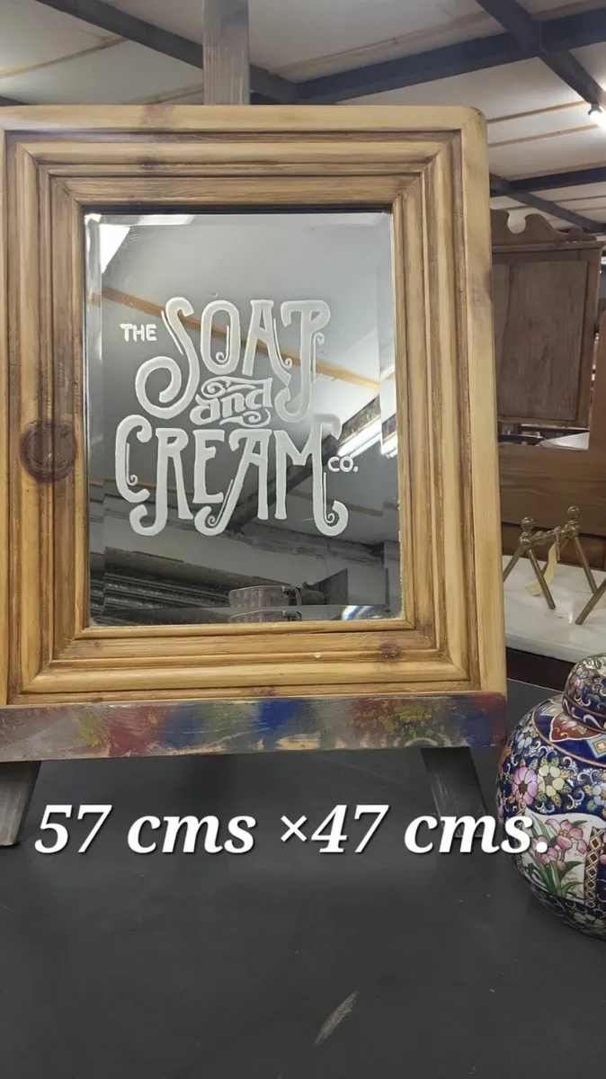 Small vintage pine bathroom mirror etched logo - Image 3