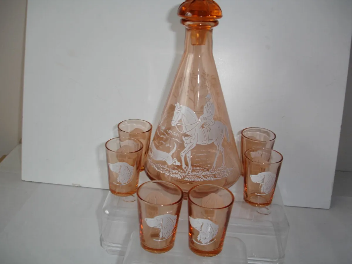 Pink Glass Decanter/6 shot Glasses 1950's - Image 1