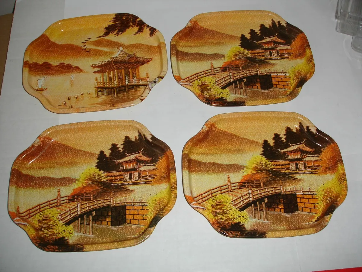 Four Elite  Small Trays Oriental Scene - Image 4