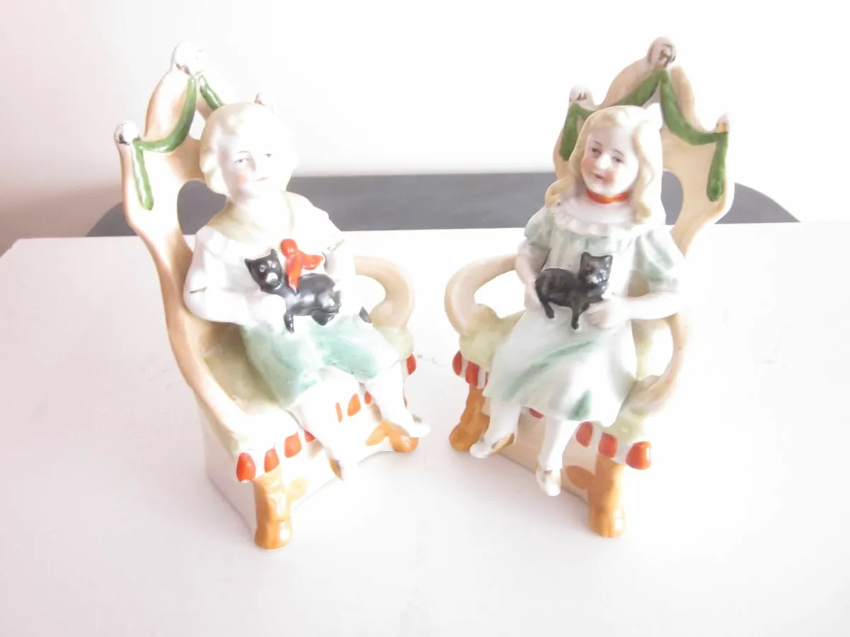 Pair of Porcelain Boy/Girl in Chair With Cat, Ger - Image 2