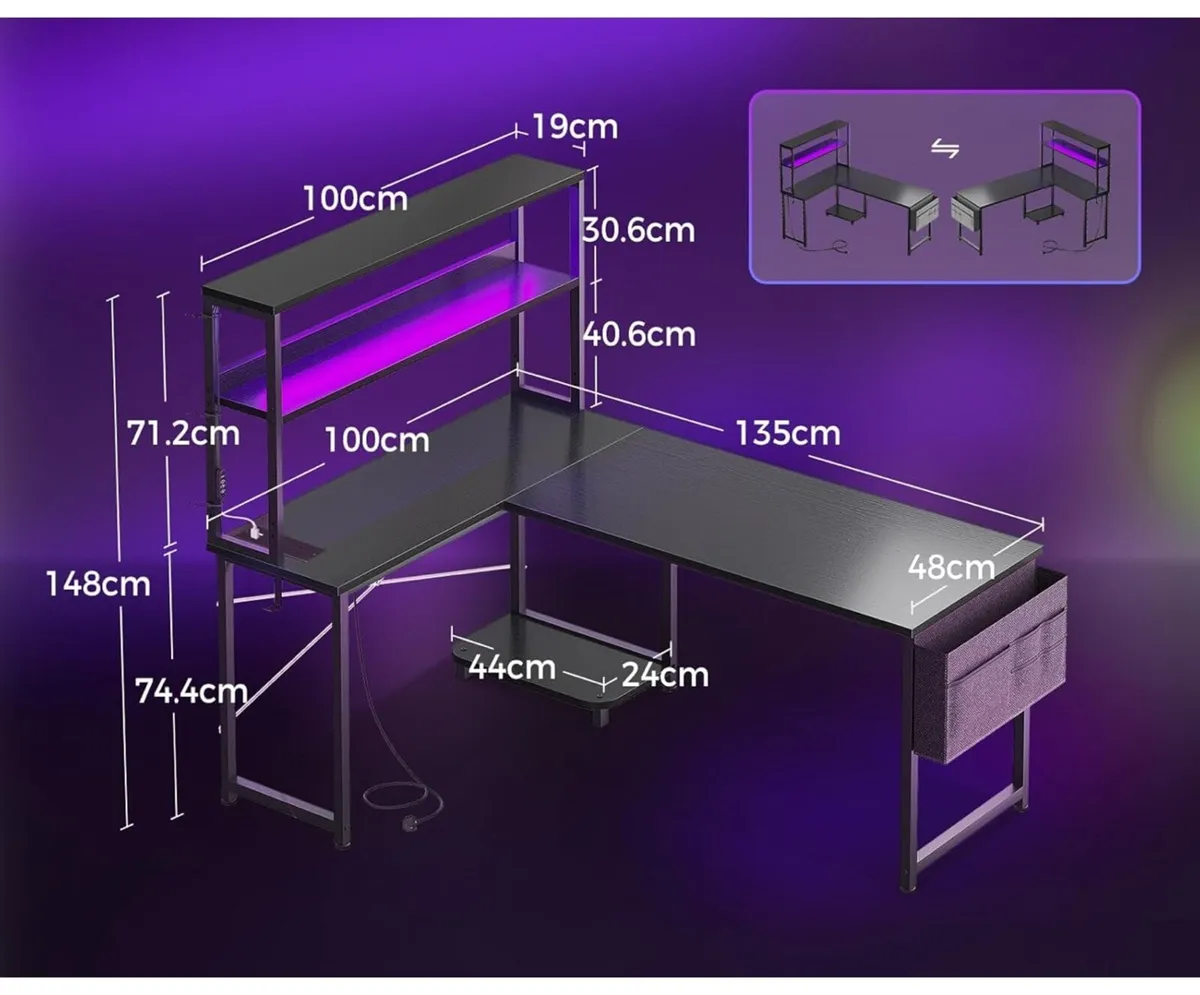 L Shaped Gaming Desk with LED Lights & Power Outl - Image 2