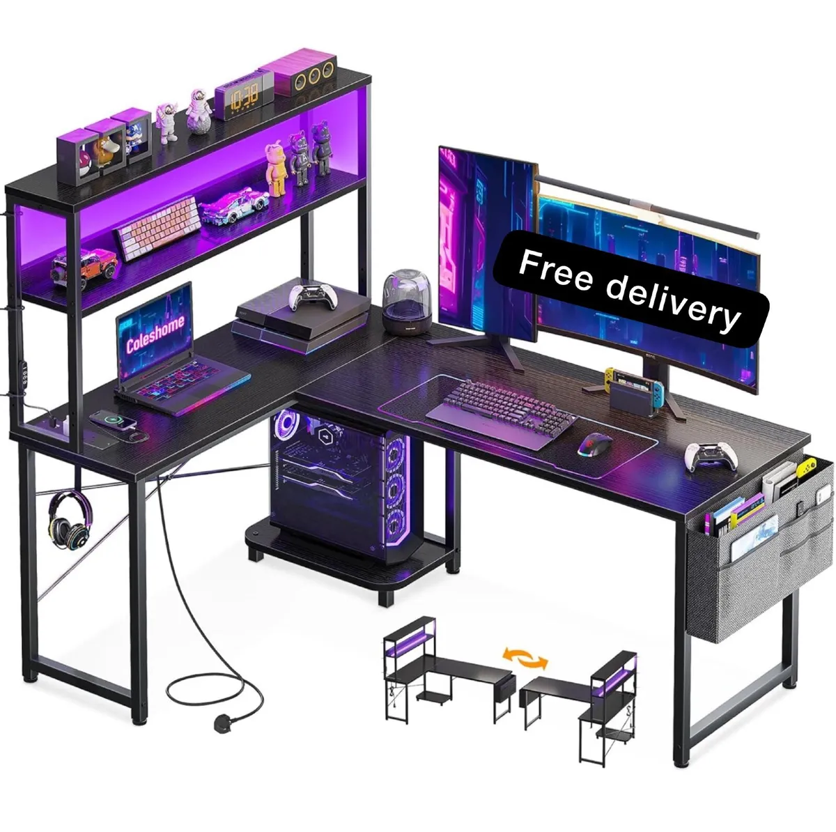 L Shaped Gaming Desk with LED Lights & Power Outl - Image 1