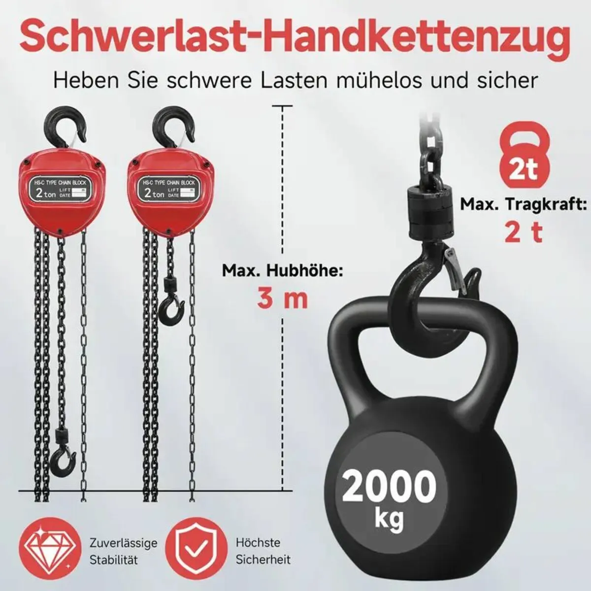 Red 1 Ton/1000kg 2 Ton/2000kg Chain Hoist Ratchet - Image 3