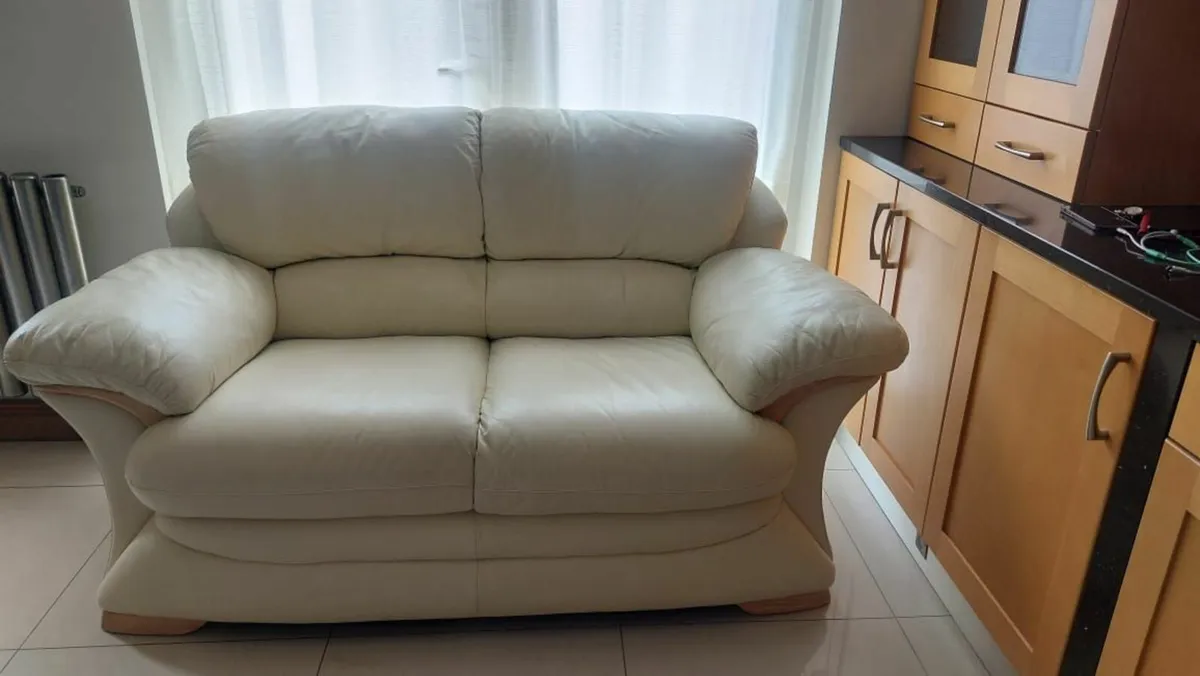 3 seater and 2 seater cream leather sofas - Image 2