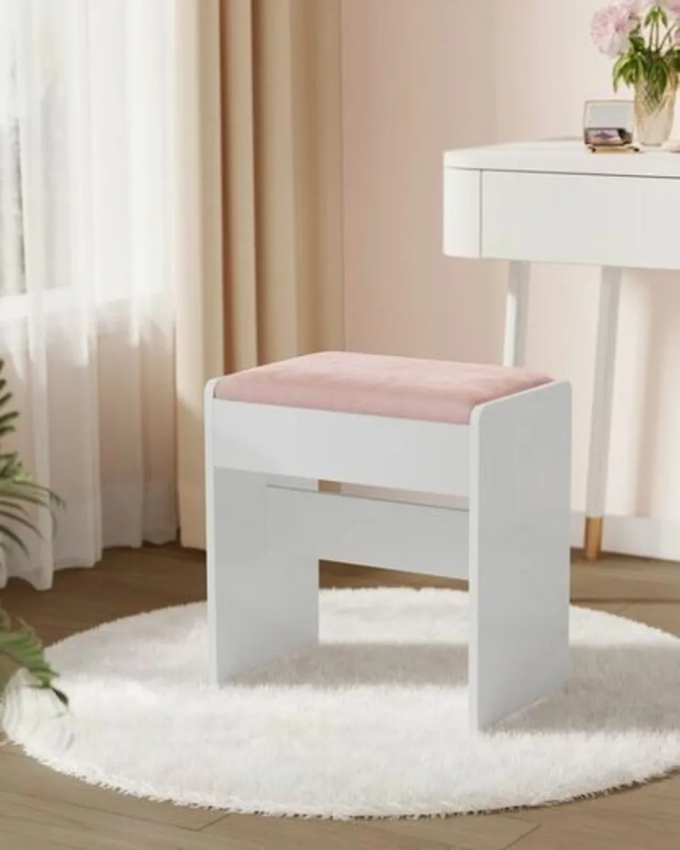 Stool Velvet Dressing Table Matte White-Pastel Pin - Image 1