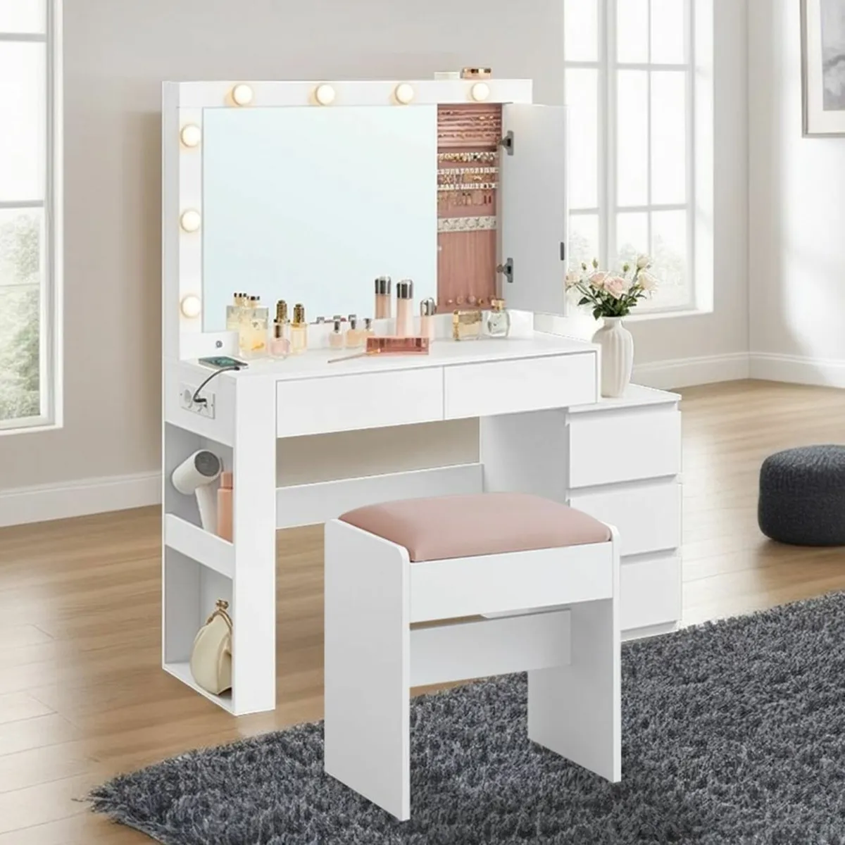 Stool Velvet Dressing Table Matte White-Pastel Pin - Image 4