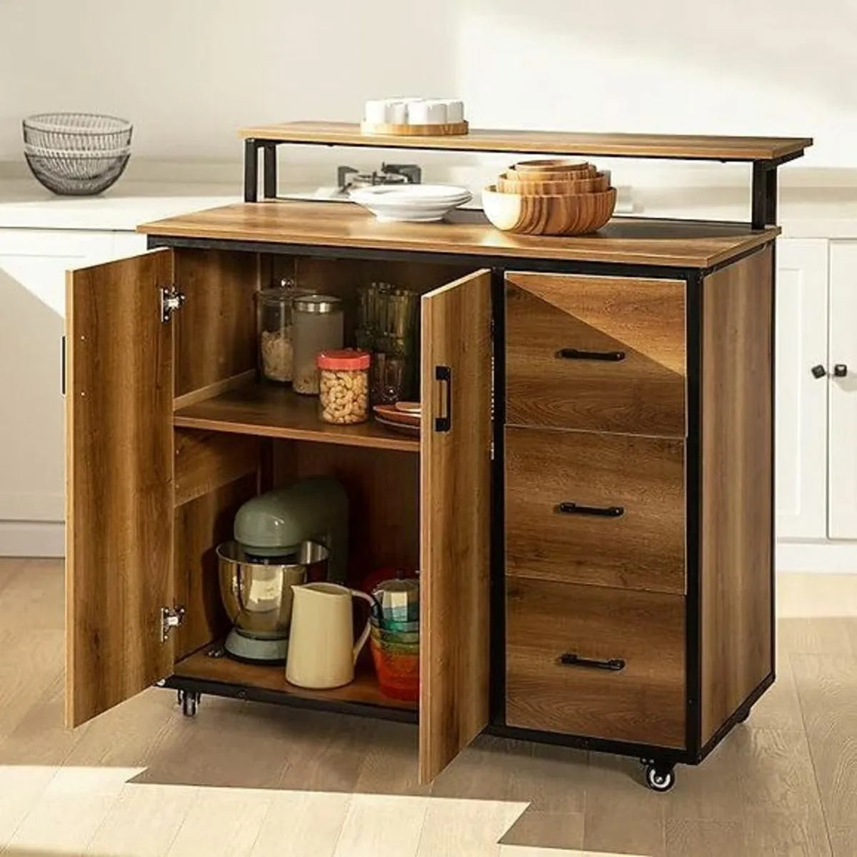 Kitchen island cabinet portable rolling vintage el - Image 4