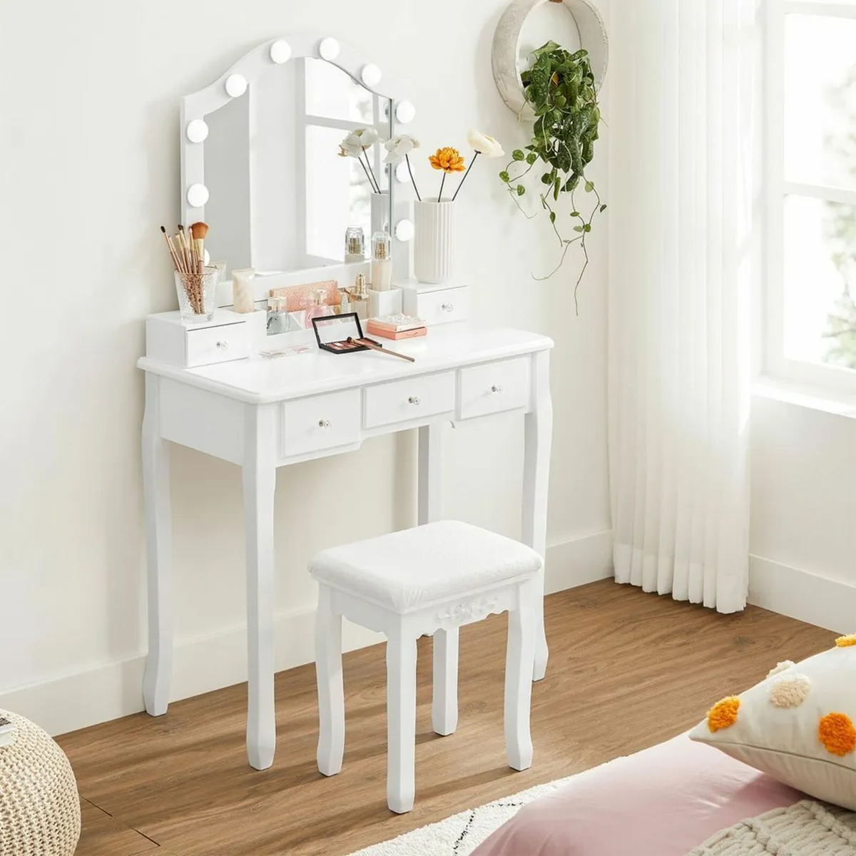Dressing table set with lights and stool white dre - Image 2