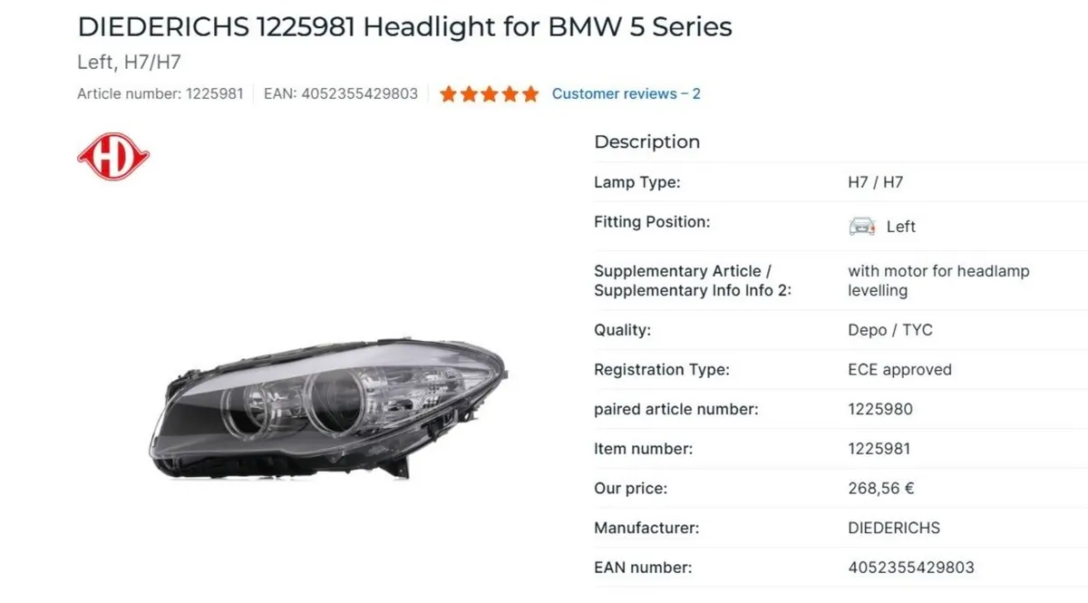 New - Never Used Diederichs Headlight BMW 5 Series - Image 1