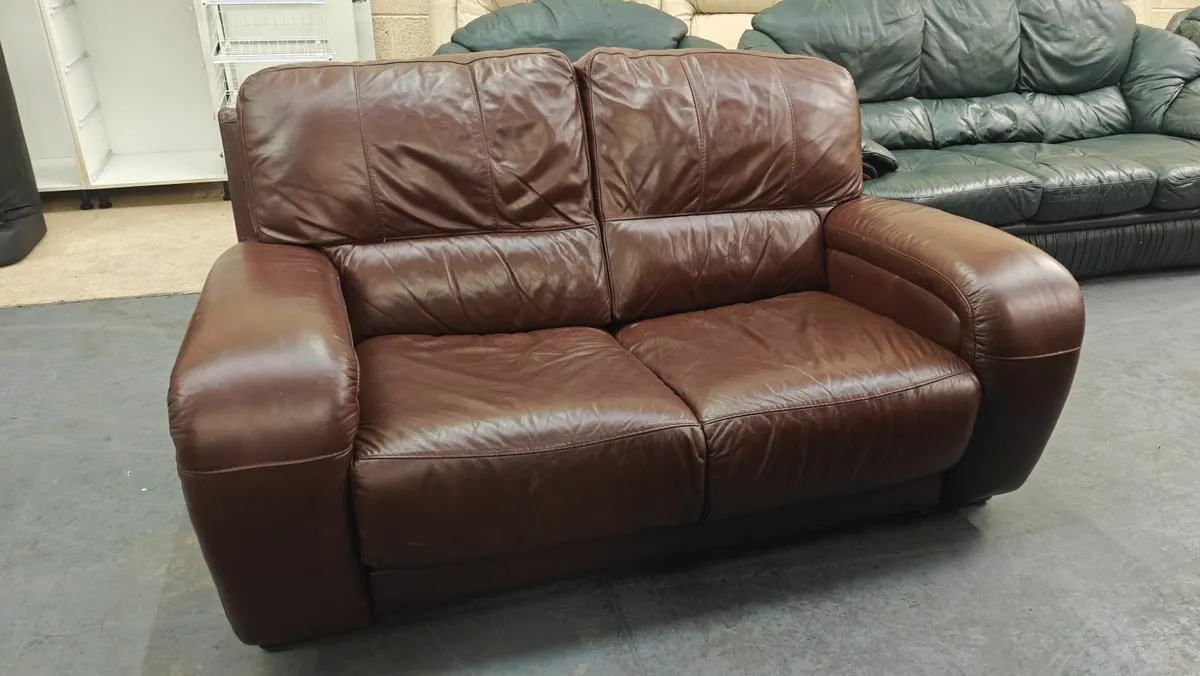 Brown 2 Seater Leather Couch - Image 2