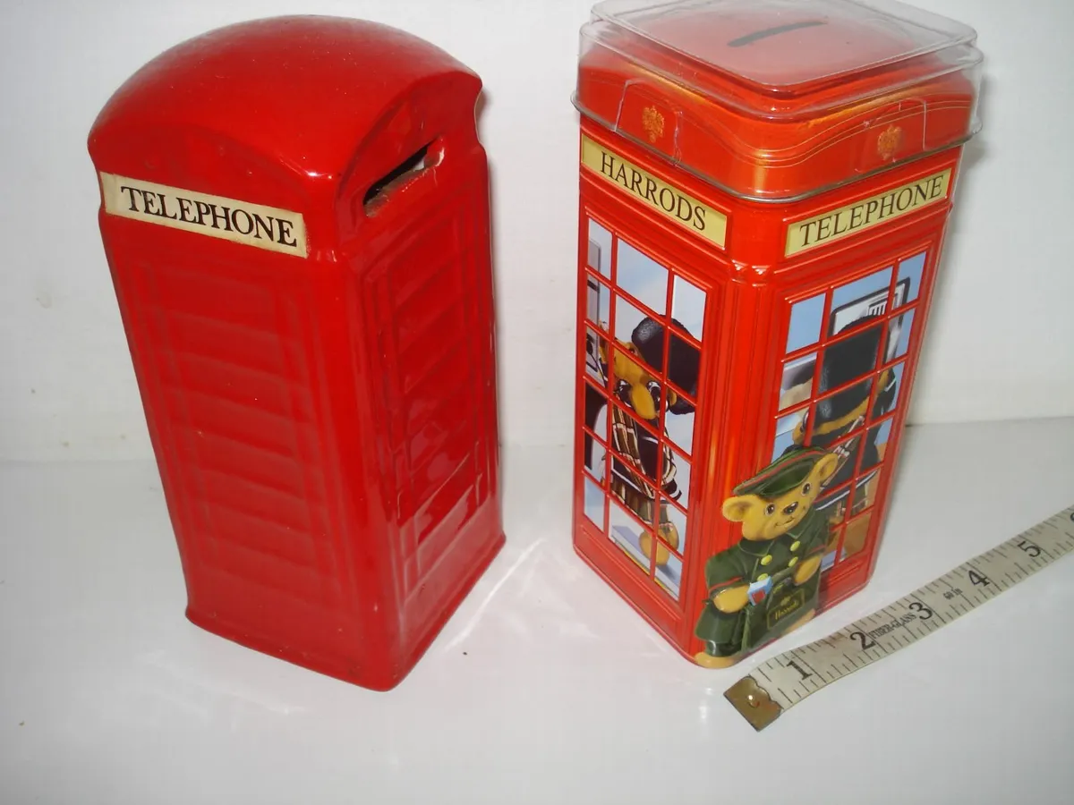 2 RED TELEPHONE KISK MONEY BOXES. TIN & CERAMIC.