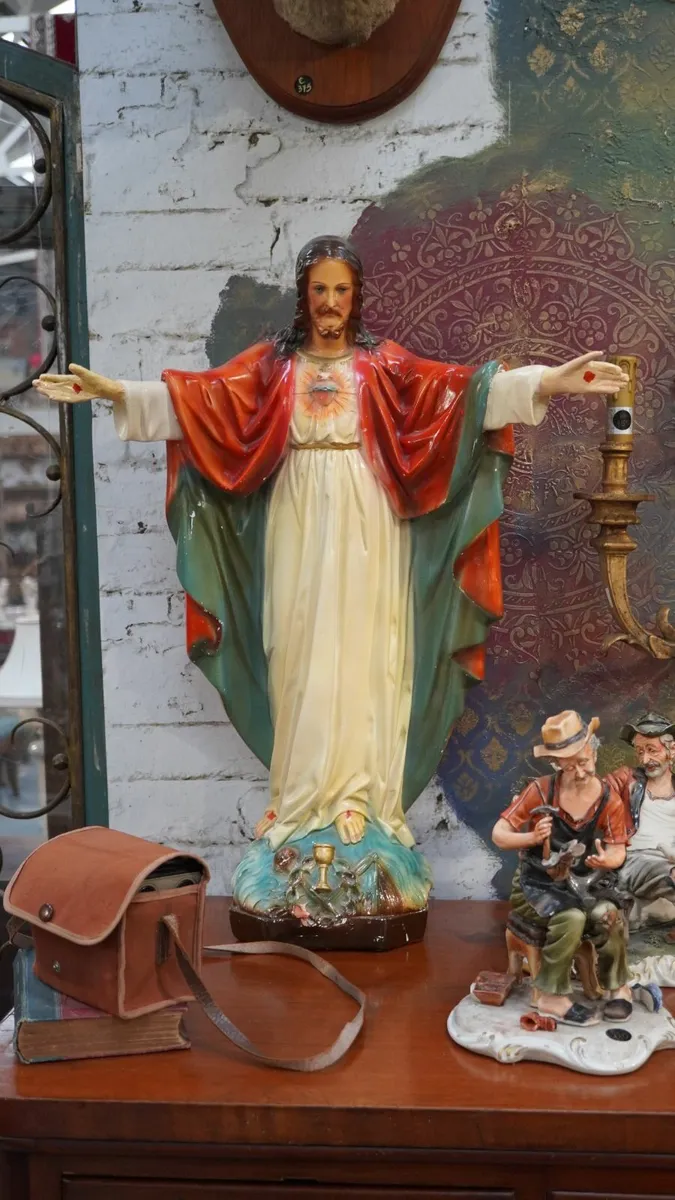 Vintage Sacred Heart of Jesus Plaster Statue - Image 1