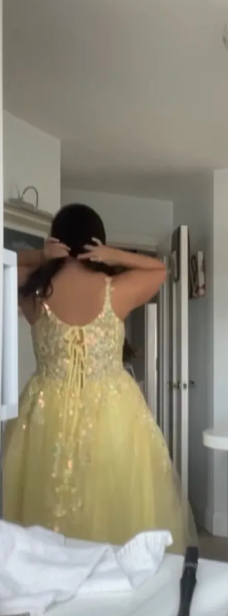 Stunning Primrose Yellow Debs dress, corset back - Image 2