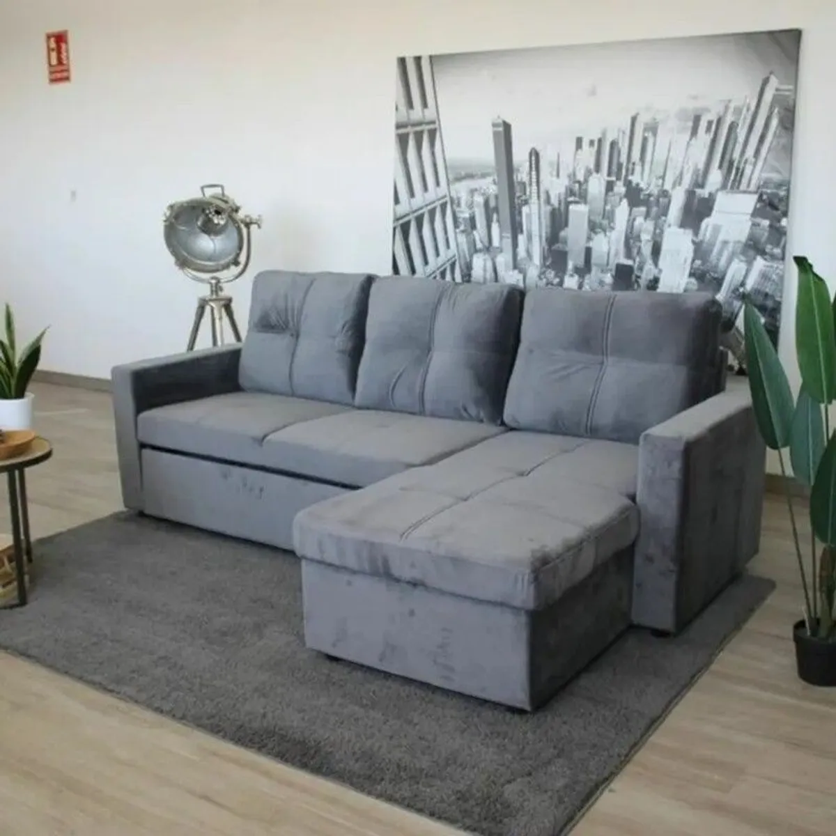 Grey velvet Corner Sofa Bed with Storage & Pull-Out Base - Image 1