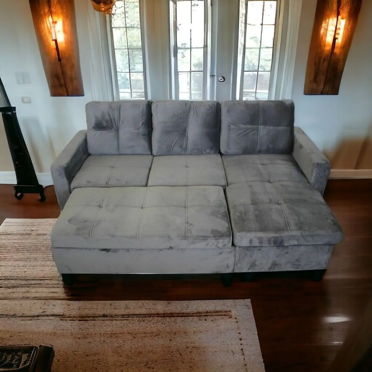 Grey velvet Corner Sofa Bed with Storage & Pull-Out Base - Image 2
