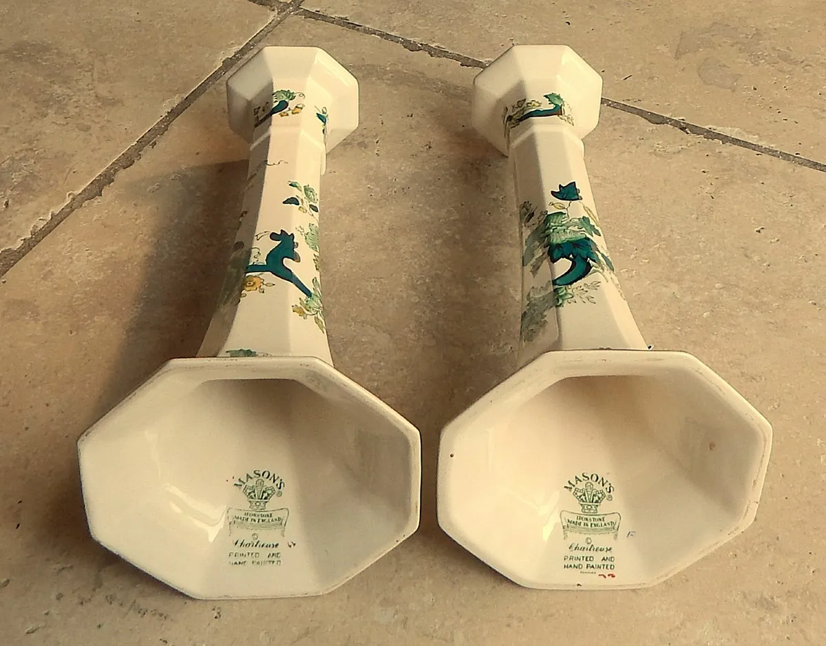 Mason’s Chartreuse Hand Painted Candlesticks - Image 3
