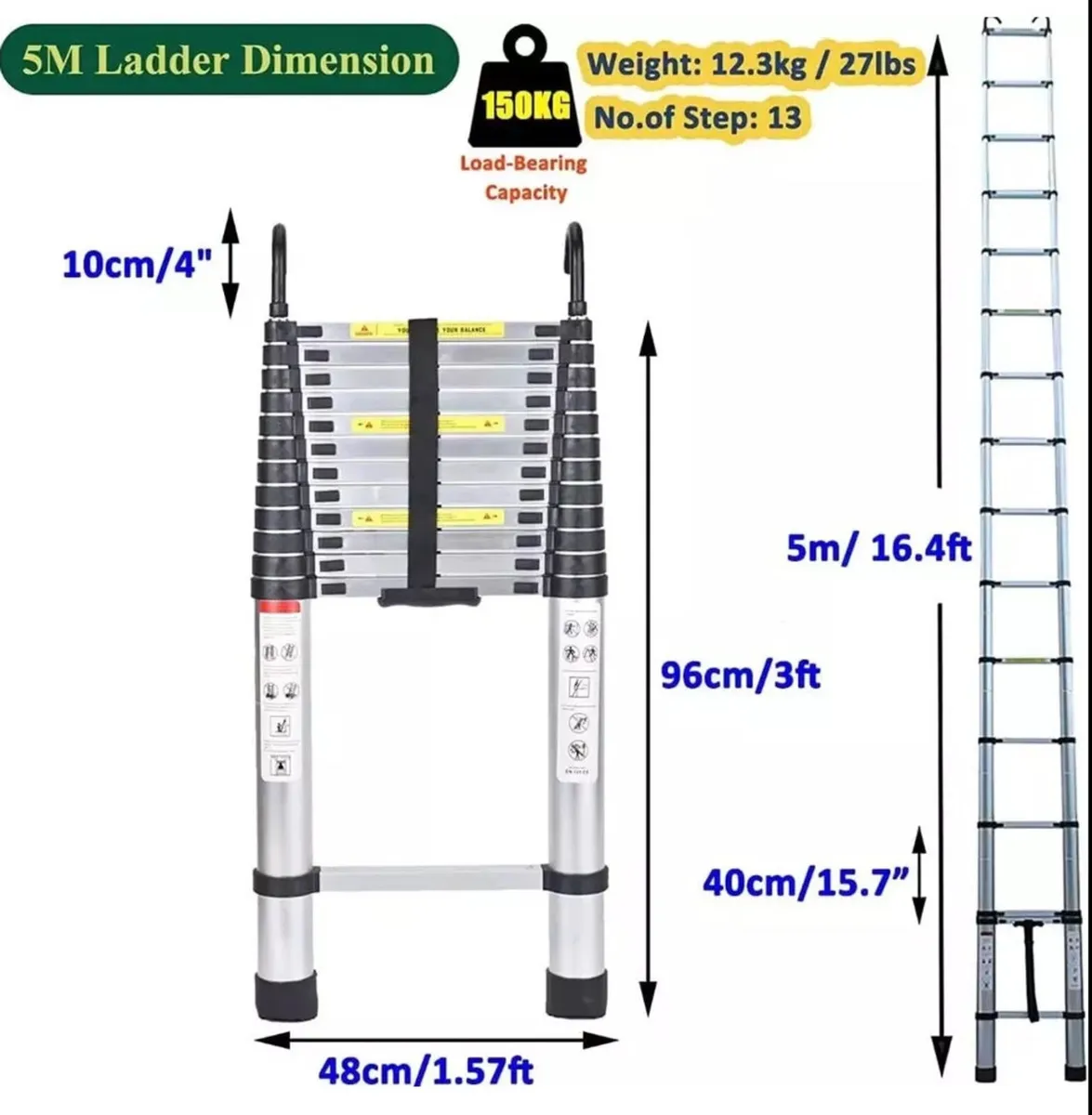 NEW 5m 5 Metre Telescopic Ladder 16.4ft Ladders - Image 1
