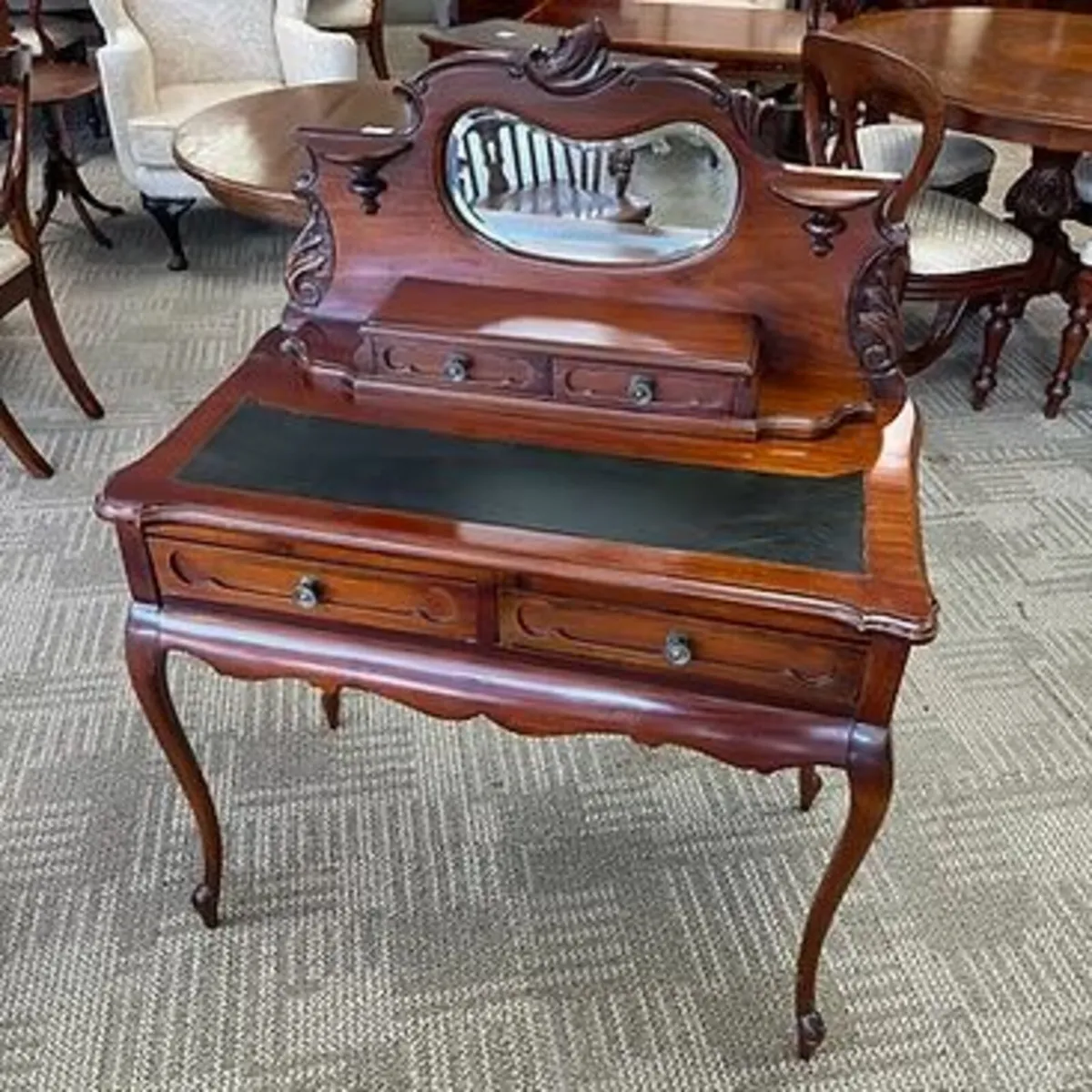 Edwardian mahogany writing table with arch top & k