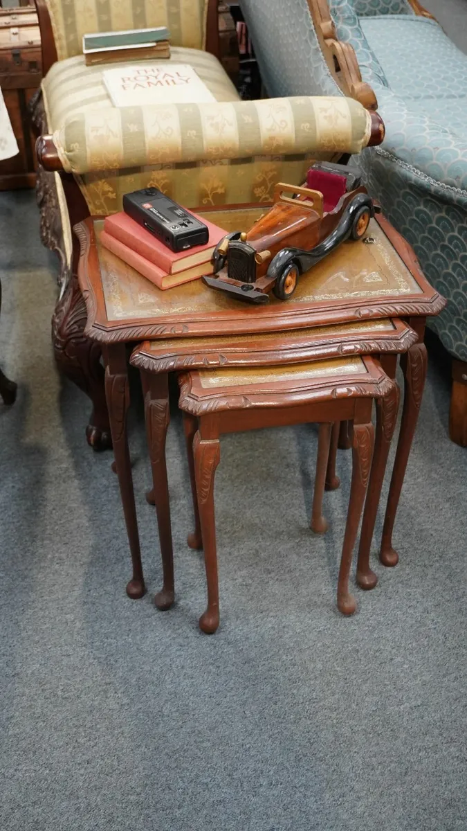 Nest of 3 Vintage Side Tables with Leather Tops - Image 1