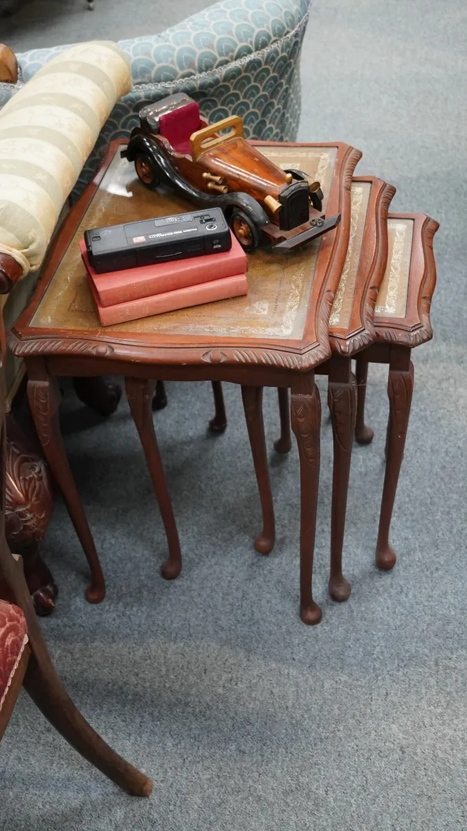 Nest of 3 Vintage Side Tables with Leather Tops - Image 2