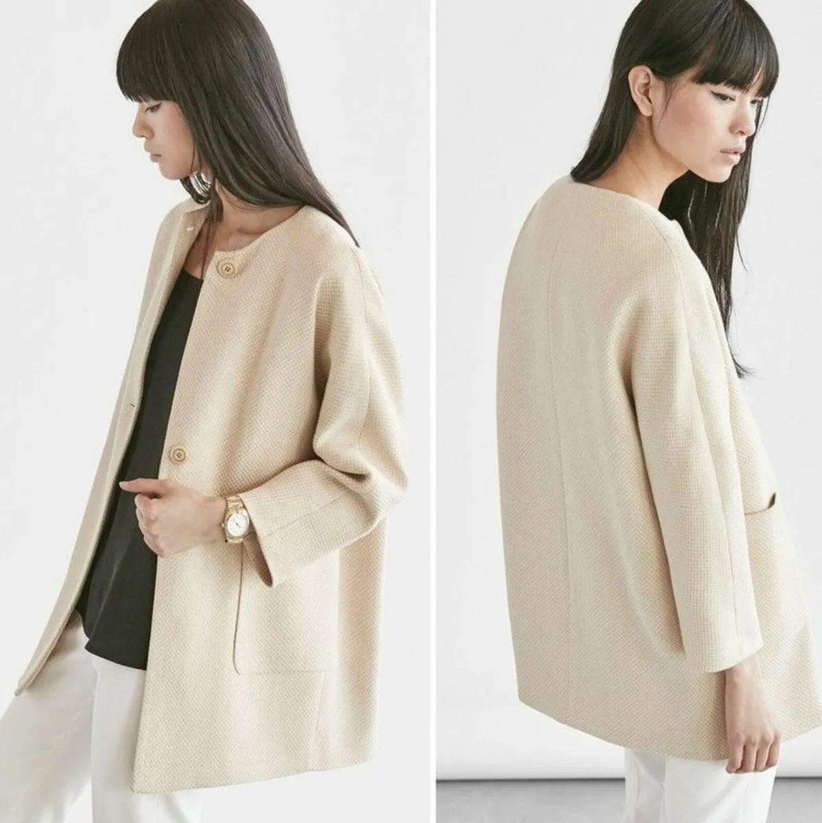Massimo Dutti Beige Textured Longline Coat Size S - Image 2