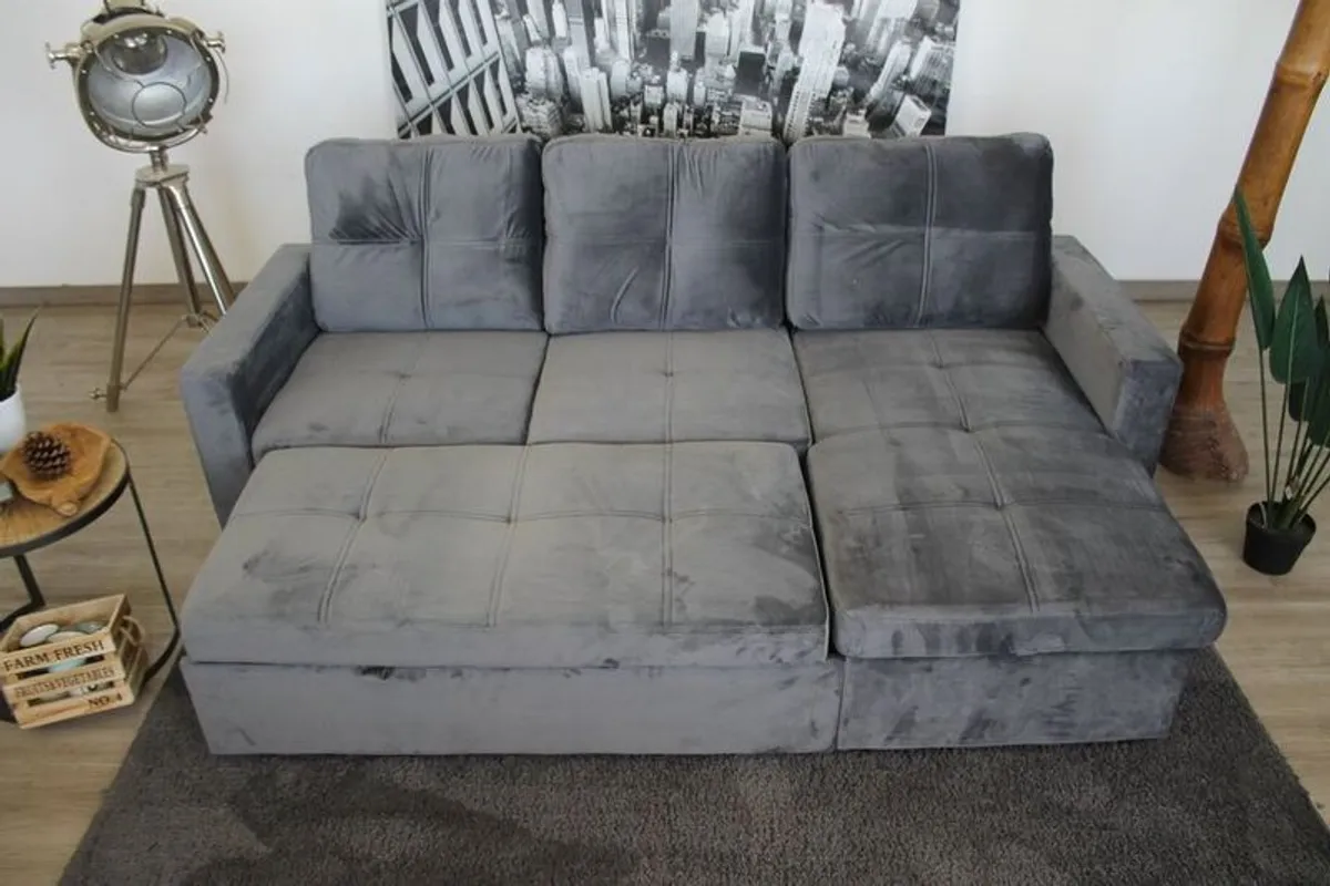 Grey velvet Corner Sofa Bed Storage Free Delivery - Image 1