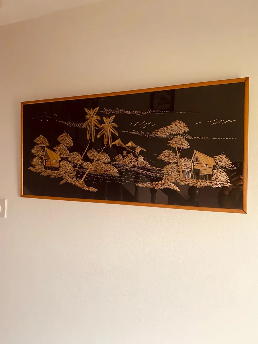 Asian Mid Century Teak Framed Folk Art 94 x 43cm - Image 1