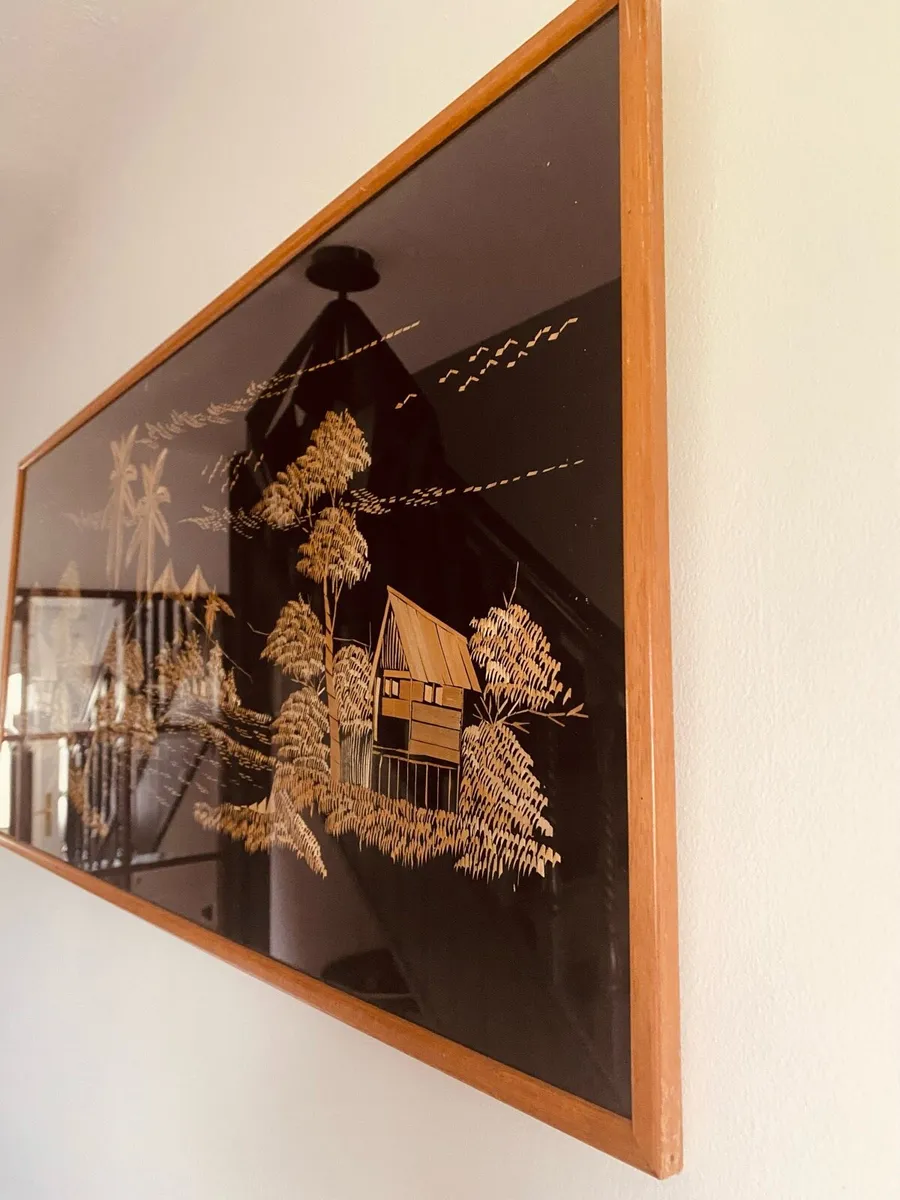 Asian Mid Century Teak Framed Folk Art 94 x 43cm - Image 3