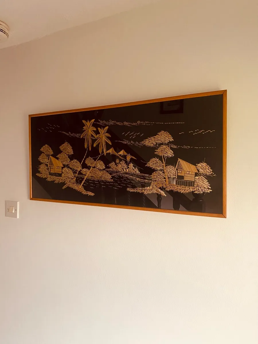 Asian Mid Century Teak Framed Folk Art 94 x 43cm - Image 4