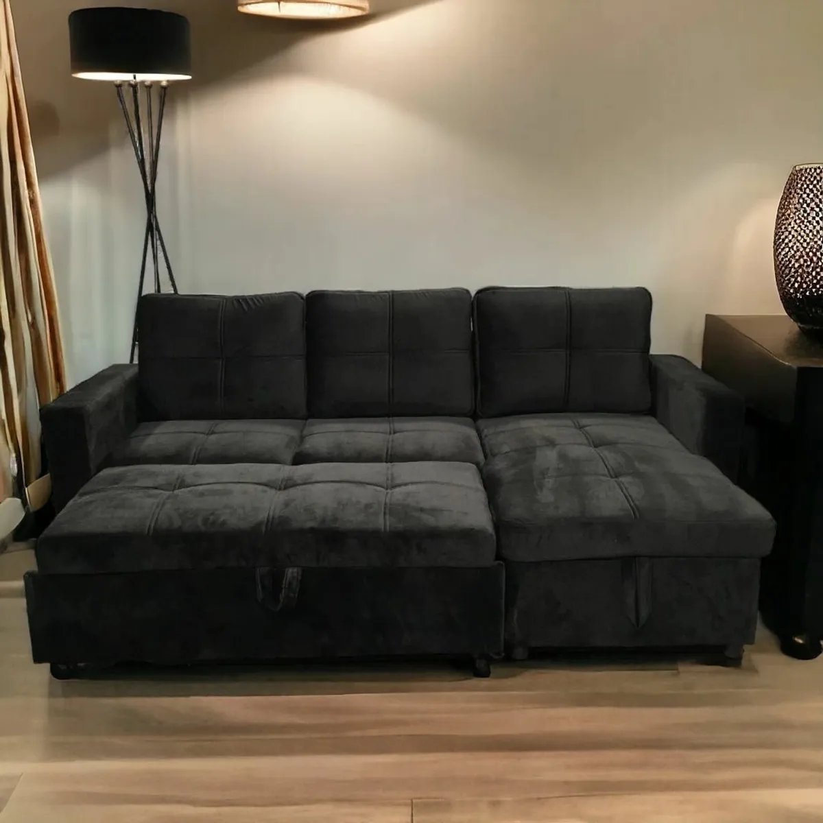 Black velvet Corner Sofa Bed Storage Free Delivery - Image 1
