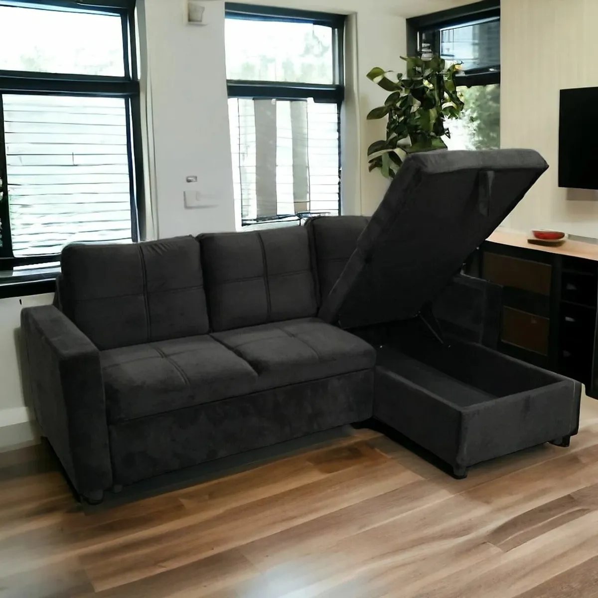 Black velvet Corner Sofa Bed Storage Free Delivery - Image 2