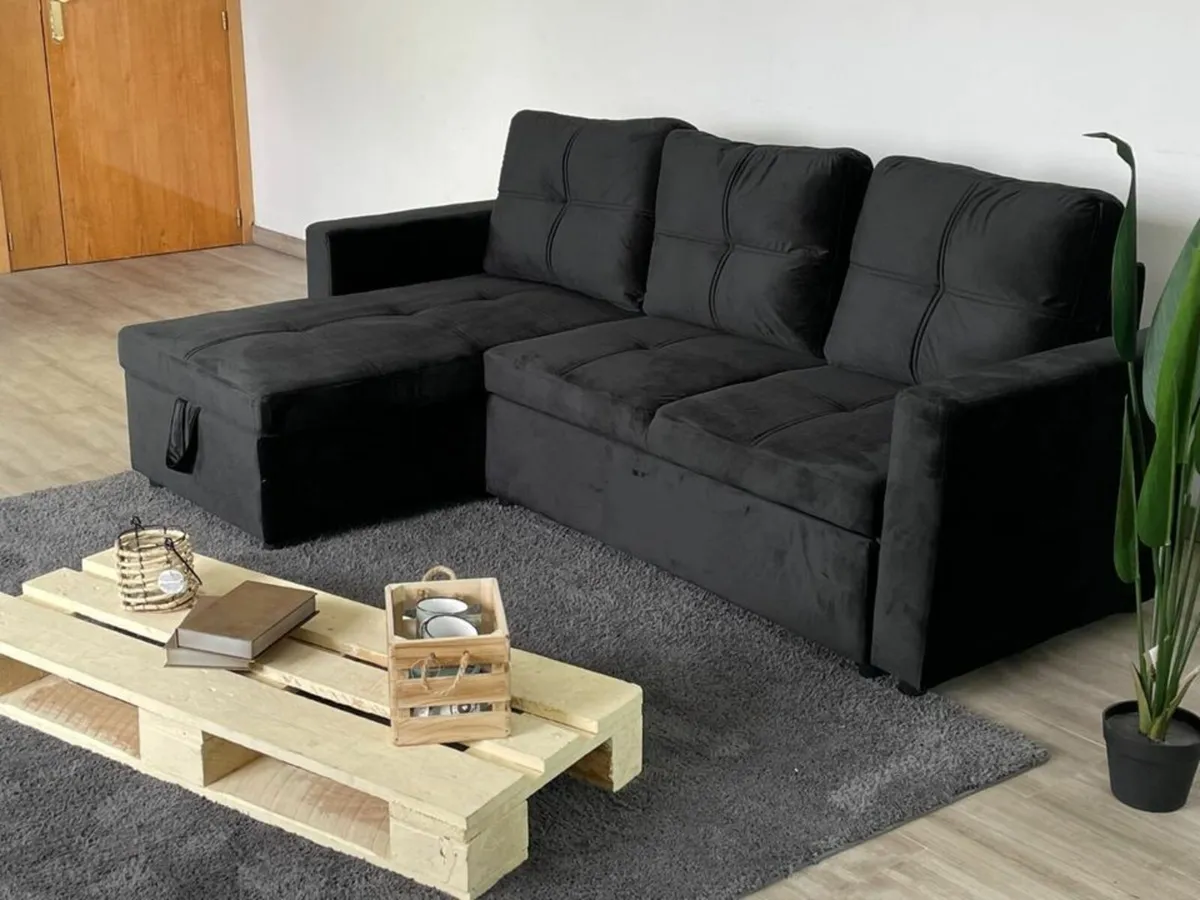 Black velvet Corner Sofa Bed Storage Free Delivery - Image 4