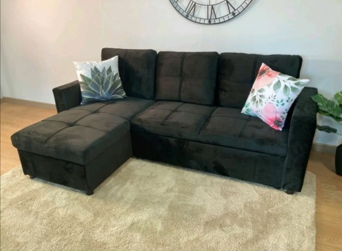 Black velvet Corner Sofa Bed Storage Free Delivery - Image 2