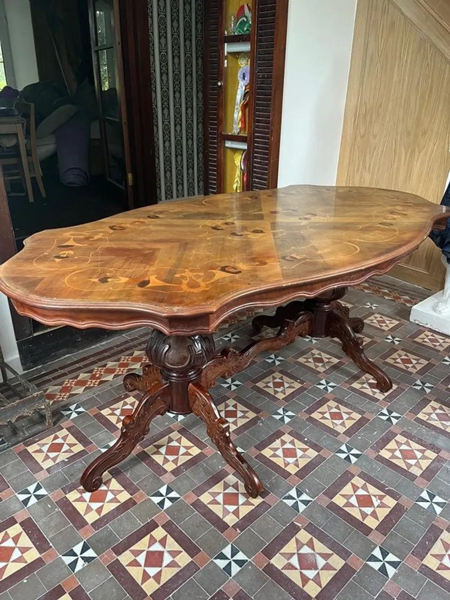Vintage dining table w/ inlaid top and protective glass. - Image 1