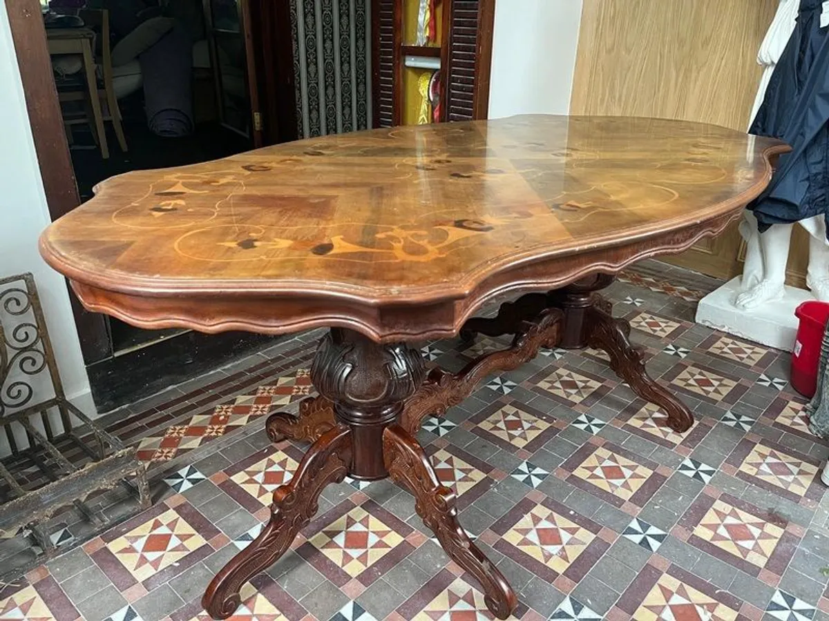 Vintage dining table w/ inlaid top and protective glass. - Image 4