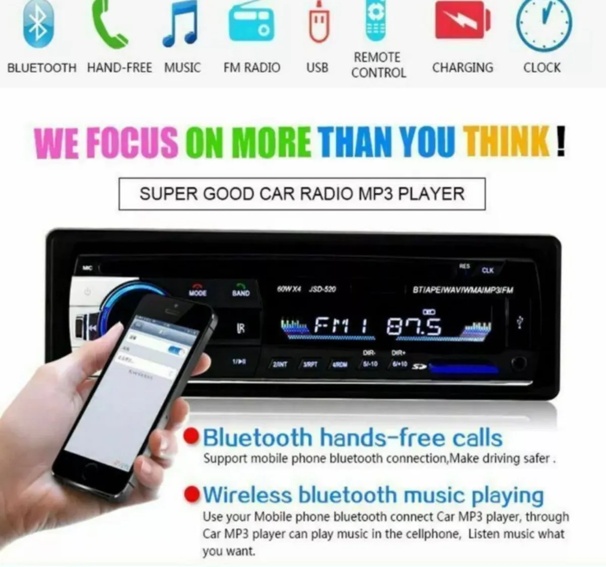 Single 1 Din Car Stereo Bluetooth FM/USB/AUX/MP3 - Image 2