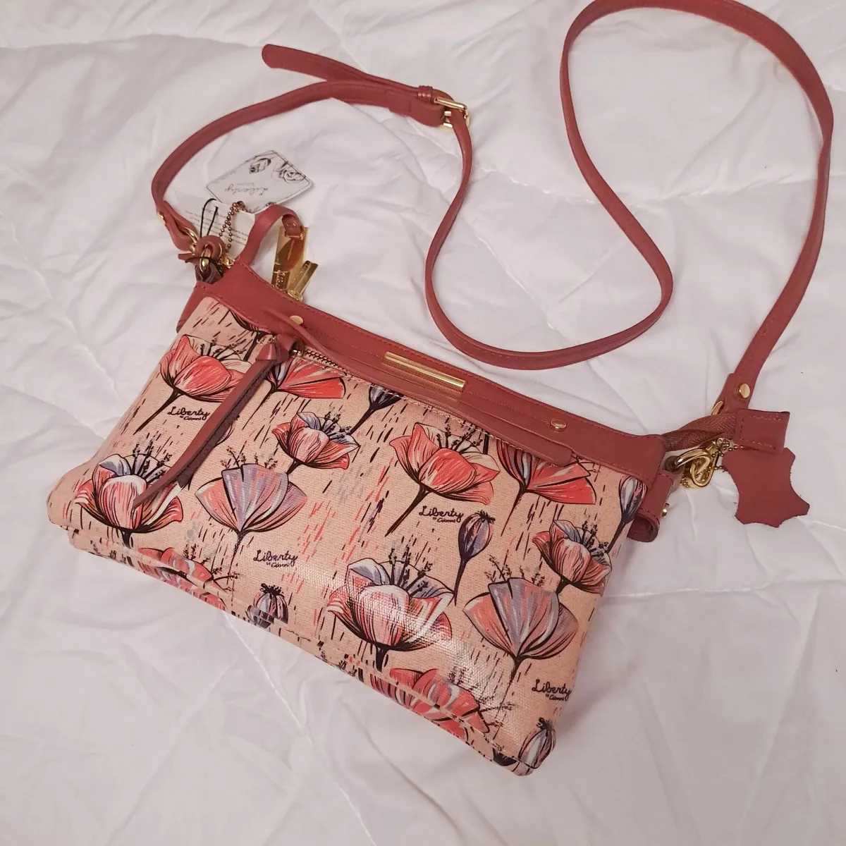 Gionni Pink Floral Crossbody Bag Real Leather Trim - Image 1