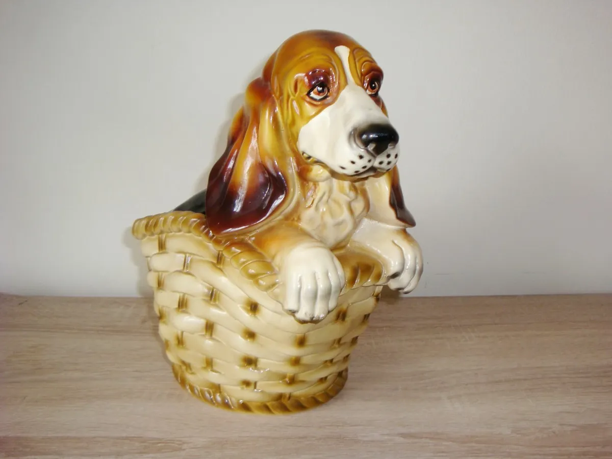 Vintage large ceramic basset hound dog in basket - Image 1